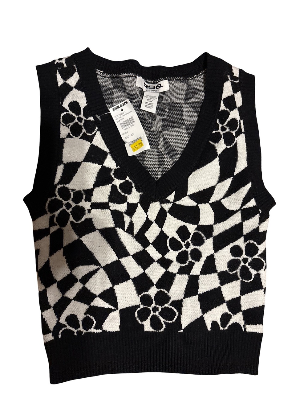 RSQ Black and White Floral Checker Knit Vest